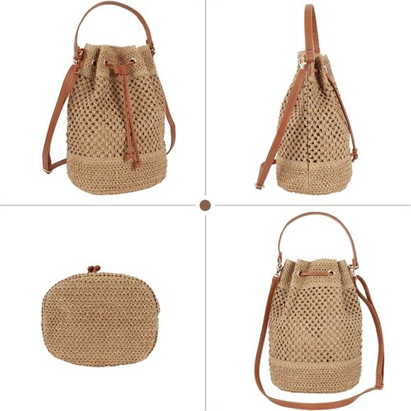 Cotton Linen Woven Drawstring Shoulder Bag Summer Beach Purse Casual Use - Picture 4 of 6